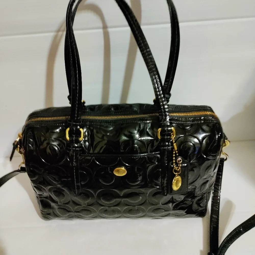 Coach Black Optic C Embossed Patent Leather Large Shoulder Crossbody Bag